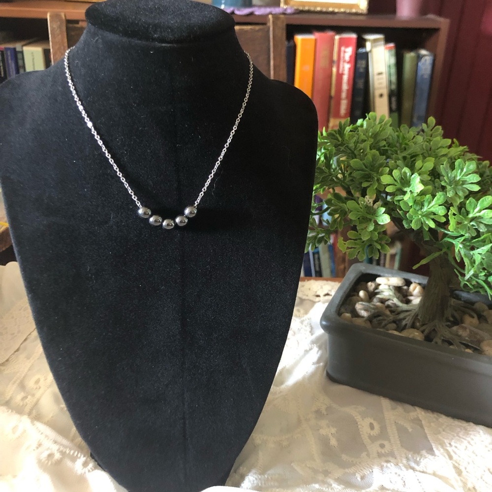 Dark Grey Hematite Natural Stone Silver Chain Choker Necklace
